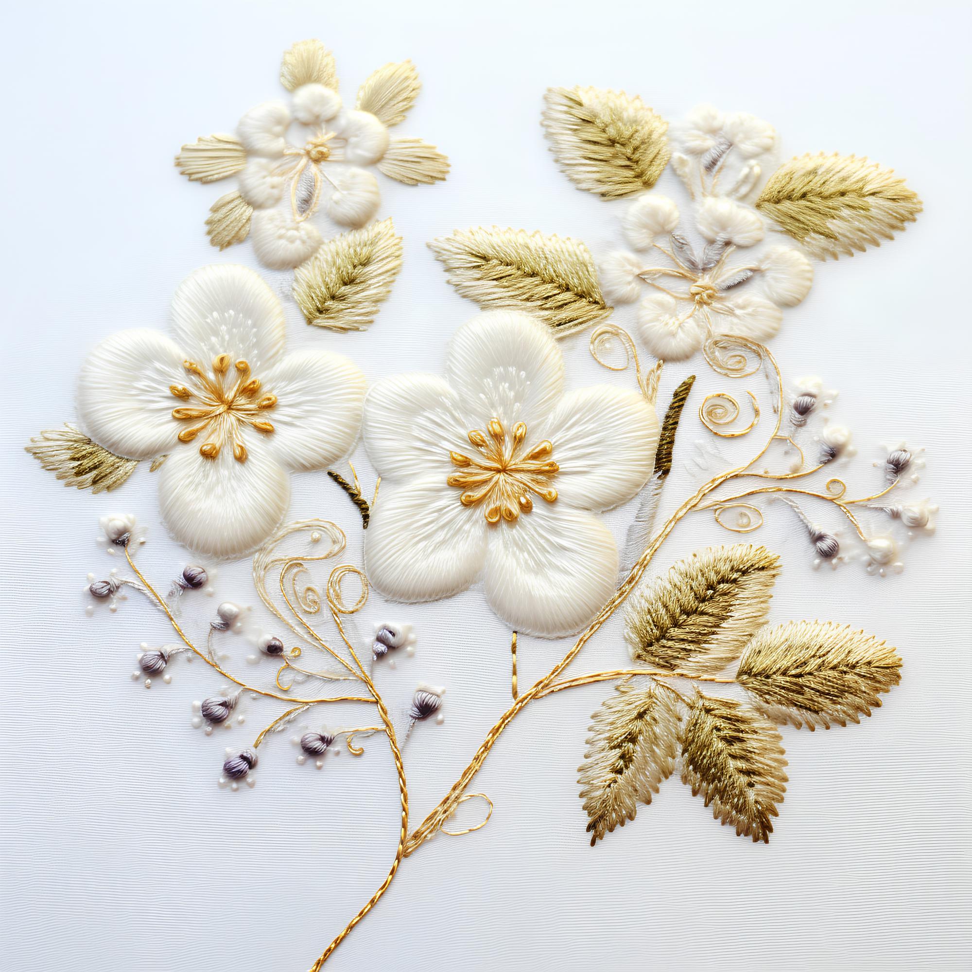 Hand-stitched floral patch in gold thread