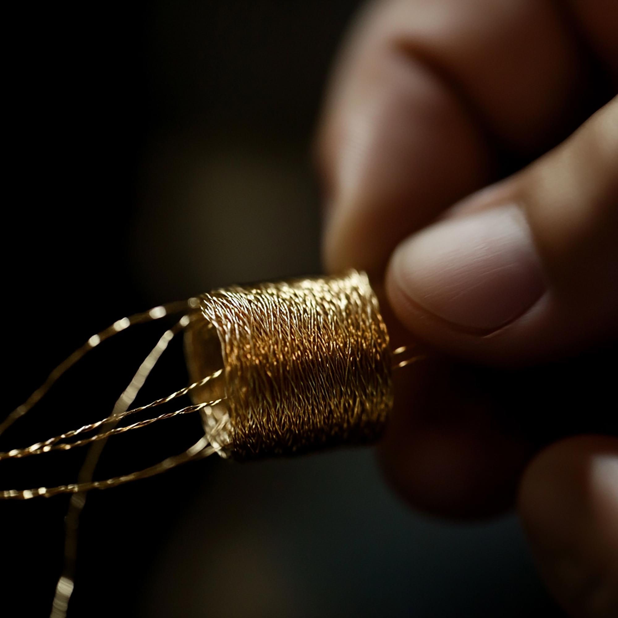 Artisan hands embroidering gold thread on silk
